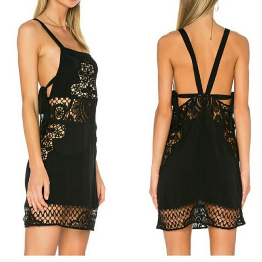 For Love & Lemons Gracey Lace Apron Mini Dress Floral Lace Sleeveless Black XS